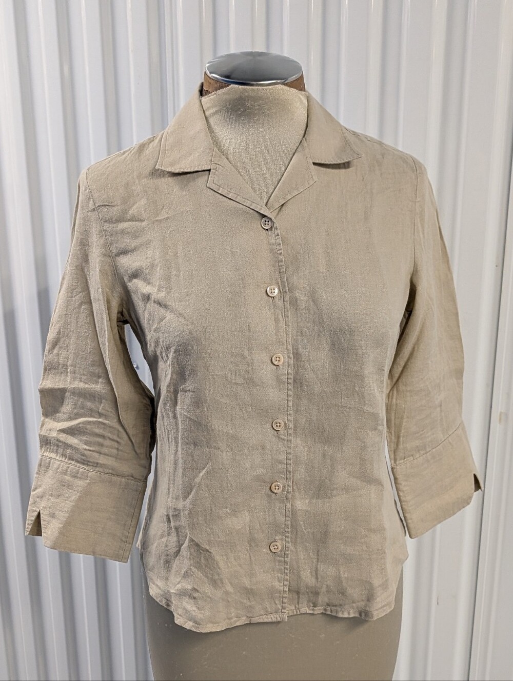 FACONNABLE tan linen 3/4 sleeve button front shirt XS
